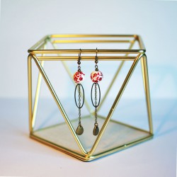 Boucles d'oreilles bronze perle céramique rouge